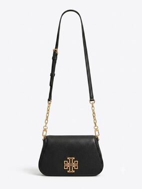Tory Burch Black Leather Crossbody with Gold Logo Chain Strap